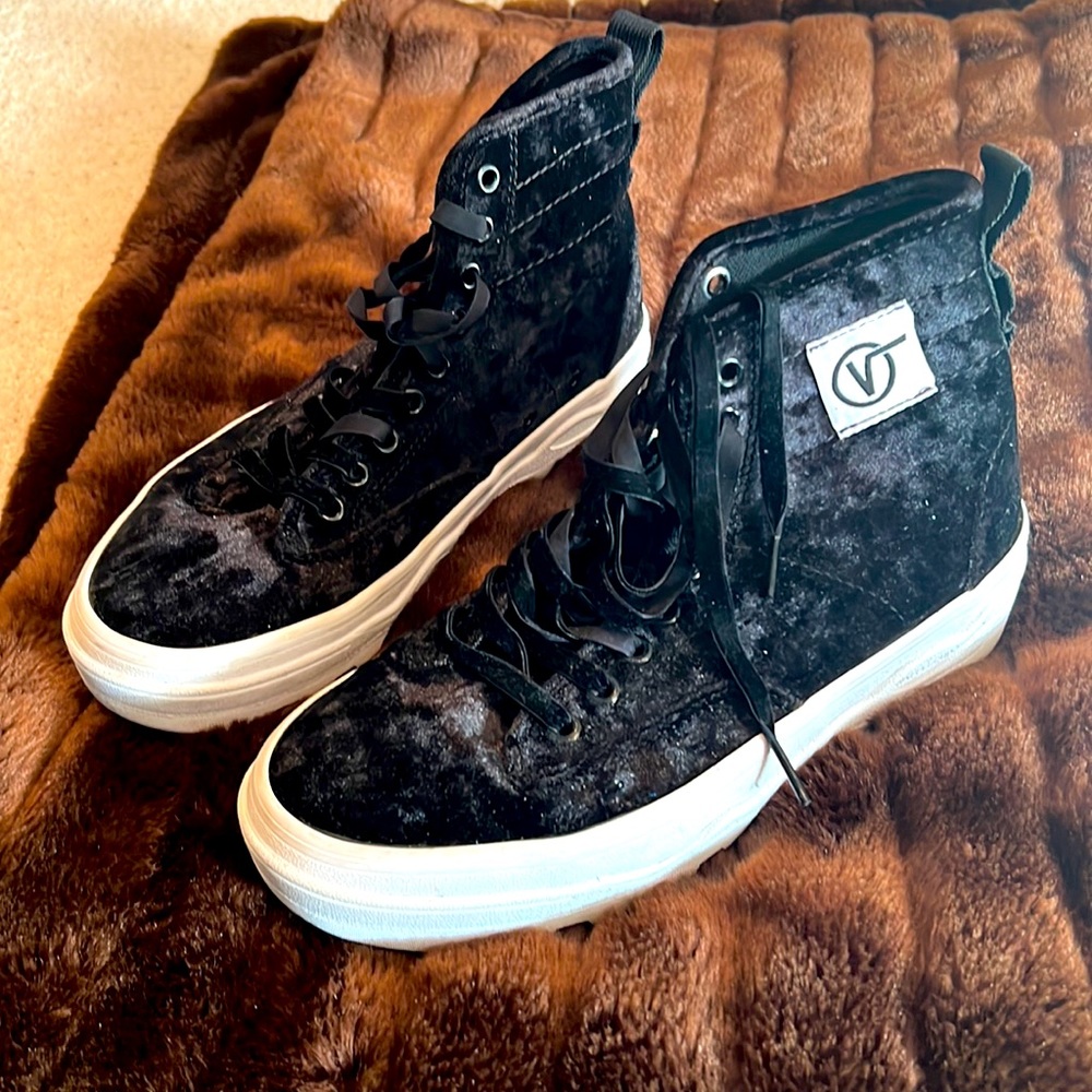 VANS Sk8-Hi Black Velvet Velour Platform Sneakers
